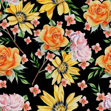 Güllü parlak seamless modeli. Sulu boya resim. Elle çizilmiş