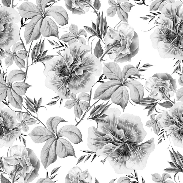 Fekete-fehér varrat nélküli mintát virágokkal. Rose. Hibiscus. Akvarell illusztráció. Kézzel rajzolt. — Stock Fotó