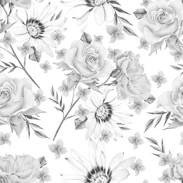 バラで白黒のシームレスなパターン。水彩イラスト. — ストック写真