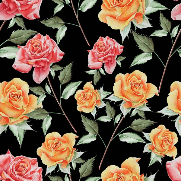 Bright seamless pattern with roses. Watercolor illustration. Hand drawn — Stock Photo, Image