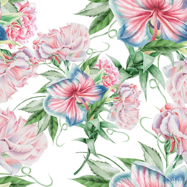 Bright seamless pattern with flowers. Rose. Orchid. Watercolor illustration. Hand drawn. — Stock Photo, Image