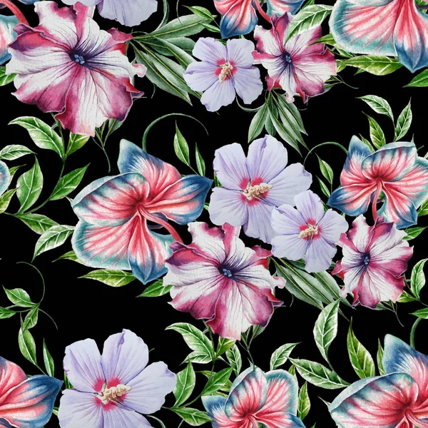 Bright seamless pattern with flowers. Orchid. Hibiscus. Petunia. Watercolor illustration. Hand drawn. — Stock Photo, Image