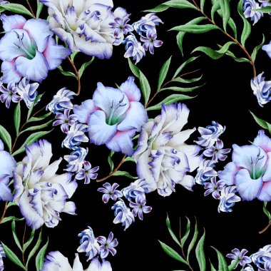 Çiçekli parlak seamless modeli. Glayöl. Eustoma. Sulu boya resim. Elle çizilmiş.