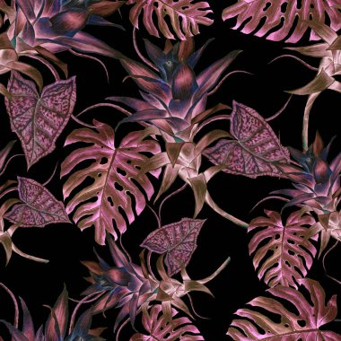 Yaprakları ile parlak seamless modeli. Bromeliad. Monstera. Sulu boya resim. Elle çizilmiş.
