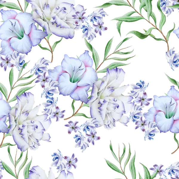 Bright seamless pattern with flowers. Gladiolus. Eustoma. Watercolor illustration. Hand drawn. — Stock Photo, Image