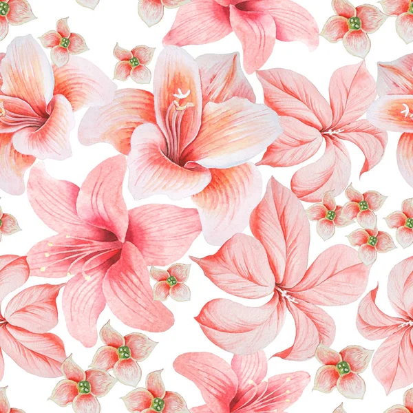 Luminoso modello senza cuciture con fiori. Lily. Ibisco. Illustrazione ad acquerello. Disegnato a mano . — Foto Stock