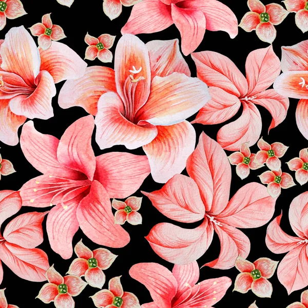 Varrat nélküli mintával fényes virágok. Lily. Hibiscus. Akvarell illusztráció. Kézzel rajzolt. — Stock Fotó