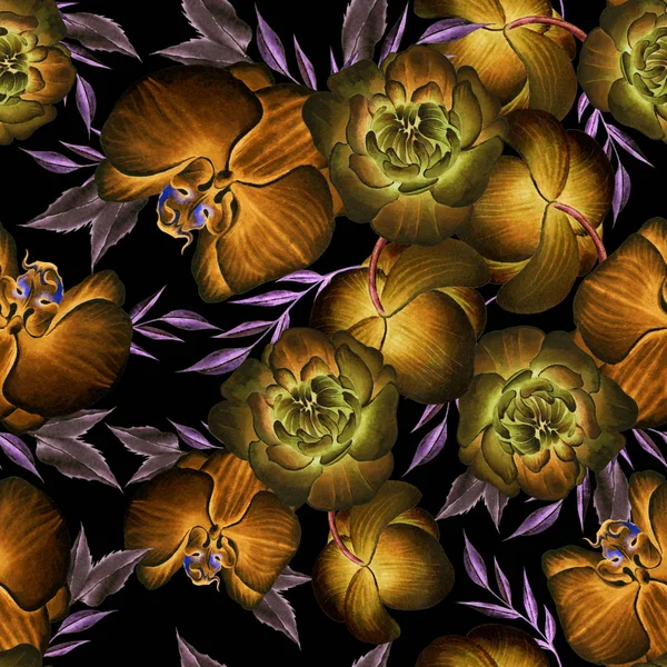 Helles, nahtloses Muster mit Blumen. Pfingstrose. Orchidee. Aquarellillustration. — Stockfoto