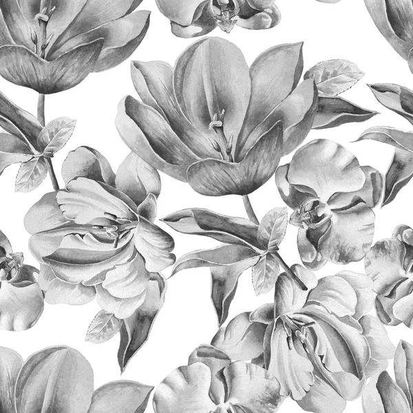 Monochromatyczne wzór z kwiatami. Tulipan. Orchid. Akwarela ilustracja. Ręcznie rysowane. — Zdjęcie stockowe