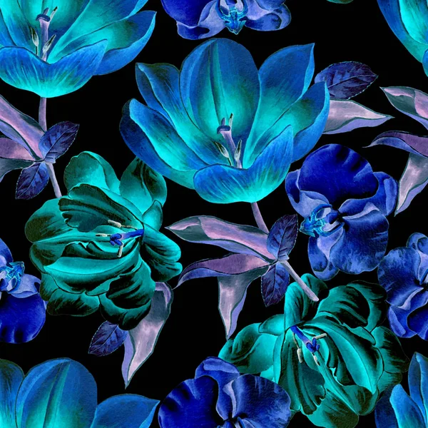 Helles, nahtloses Muster mit Blumen. Tulpe. Orchidee. Aquarell-Illustration. Handgezeichnet. — Stockfoto