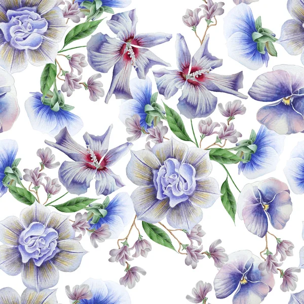 青い花と明るいシームレス パターン。パンジー。ハイビスカス。水彩イラスト。手描き. — ストック写真