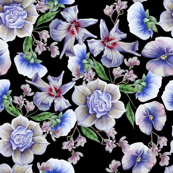Jasny wzór z niebieskie kwiaty. Bratki. Hibiscus. Akwarela ilustracja. Ręcznie rysowane. — Zdjęcie stockowe