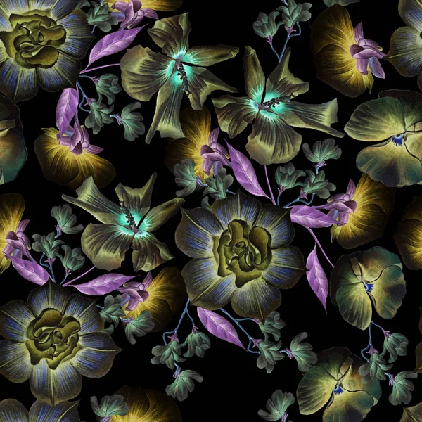 Helles, nahtloses Muster mit blauen Blüten. Stiefmütterchen. Hibiskus. Aquarell-Illustration. Handgezeichnet. — Stockfoto