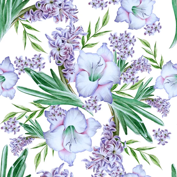 Bright seamless pattern with flowers. Gladiolus. Hyacinth. Watercolor illustration. Hand drawn. — Stock Photo, Image