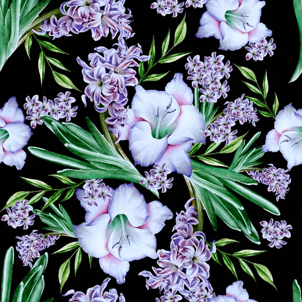Bright seamless pattern with flowers. Gladiolus. Hyacinth. Watercolor illustration. Hand drawn. — Stock Photo, Image