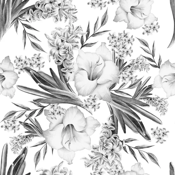 Seamless pattern with flowers. Gladiolus. Hyacinth. Watercolor illustration. Hand drawn. — Stock Photo, Image