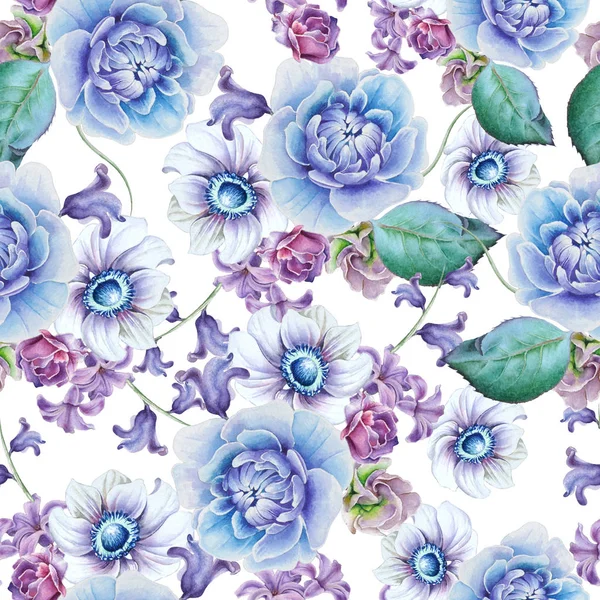 Bright seamless pattern with flowers. Anemone. Peony. Watercolor illustration. Hand drawn.