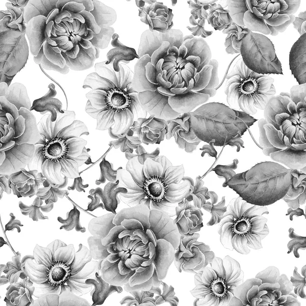 Seamless pattern with flowers. Anemone. Peony. Watercolor illustration.Hand drawn. — Stock Photo, Image