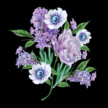 Suluboya buket çiçekli. Rose. Sümbül. Anemon çiçeği. Elle çizilmiş.