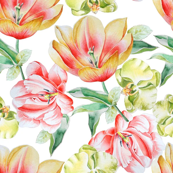 Bright seamless pattern with flowers. Tulip. Orchid. Watercolor illustration. Hand drawn. — Stock Photo, Image