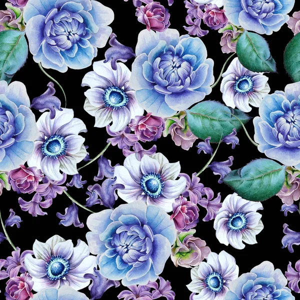 Bright seamless pattern with flowers. Anemone. Peony. Watercolor illustration. Hand drawn.