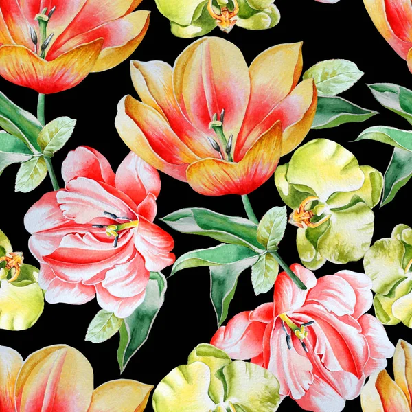 Patrón brillante sin costuras con flores. Tulipán. Orquídea. Ilustración en acuarela. Dibujado a mano . —  Fotos de Stock