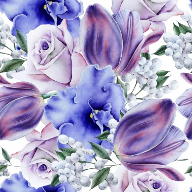 Çiçekli parlak, pürüzsüz bir desen. Gül. Lale. Suluboya il