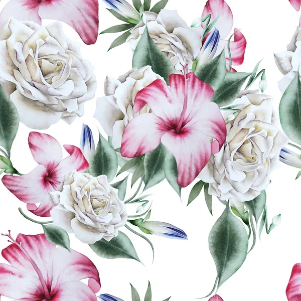 Bright seamless pattern with flowers. Rose. Hibiscus. Watercolor — Stock Photo, Image