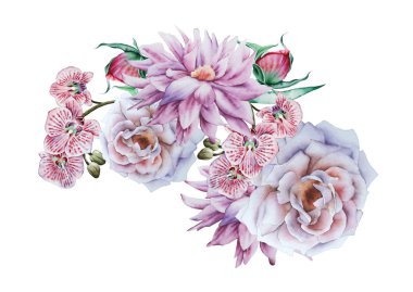 Suluboya buket çiçekli. Resimde. Elle çizilmiş.