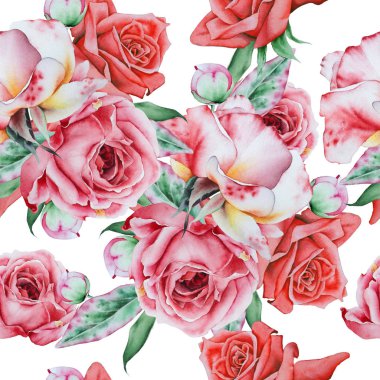 Çiçeklerle parlak dikişsiz desen. Gül, ne kadar. Şakayık. Suluboya il