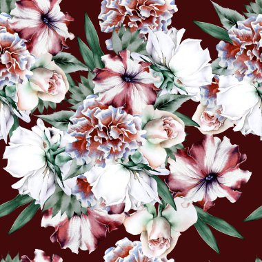 Çiçekli parlak, pürüzsüz bir desen. Gül. Şakayık. Petunya. Ne?