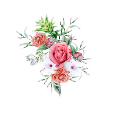 Çiçekli suluboya buket. Gül. Hibiscus. Yucca. Illustr