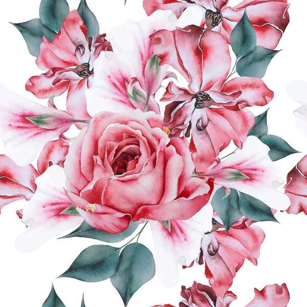 Padrão sem costura brilhante com flores. Rose... Aquarela ilustrat — Fotografia de Stock