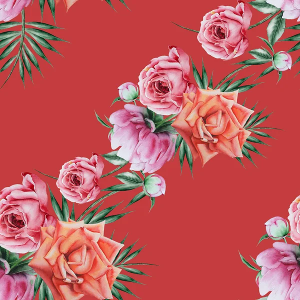 Bright seamless pattern with flowers. Rose. Peony. Watercolor il — Stock Photo, Image