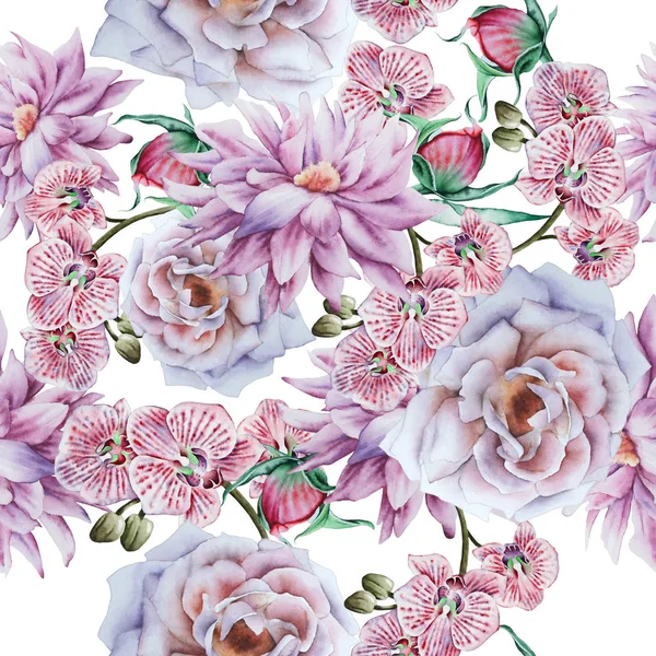 Padrão sem costura brilhante com flores. Rose... Peony. Orquídea. Água — Fotografia de Stock