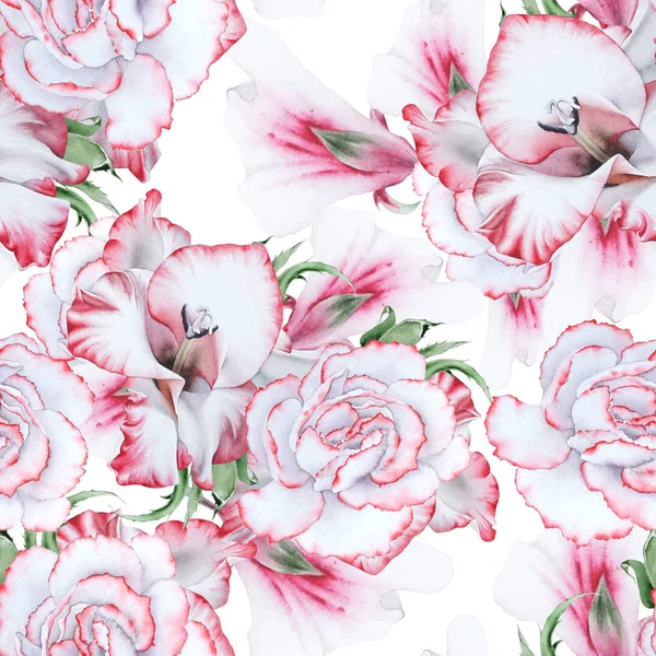 Bright seamless pattern with flowers. Gladiolus. Peony. Watercol — Stock Photo, Image