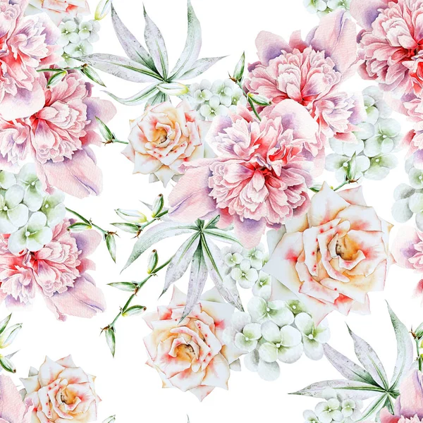 Bright seamless pattern with flowers. Rose. Peony. Watercolor il — Stock Photo, Image