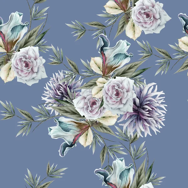 Bright seamless pattern with flowers. Rose. Peony. Iris.  Waterc — Stock Photo, Image