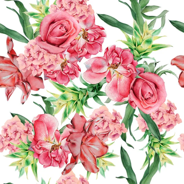 Çiçekli parlak, pürüzsüz bir desen. Gül. Bromeliad. Watercolo — Stok fotoğraf