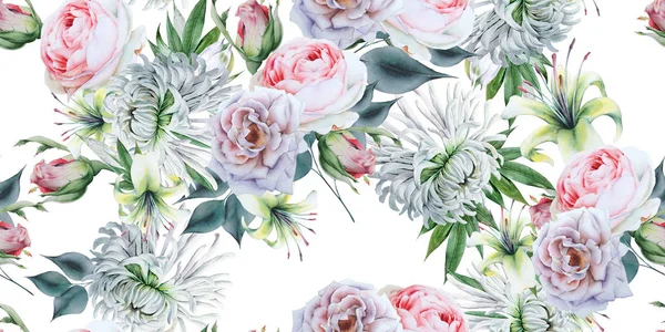 菊、ユリと美しい水彩シームレスパターン — ストック写真