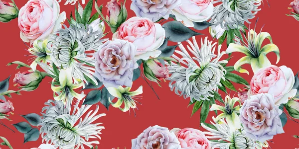 Beautiful watercolor seamless pattern with chrysanthemum, lily a — Stock Photo, Image