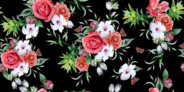 Vacker akvarell sömlöst mönster med hibiskus, bromeliad, — Stockfoto