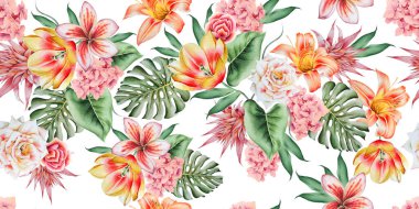 Lale, zambak, canavar ve gülle dikişsiz güzel bir suluboya deseni. İllüzyon. El çizimi.