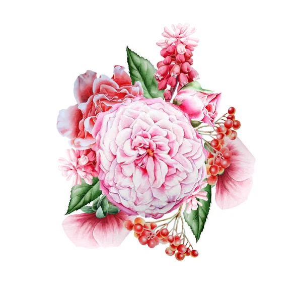 Akvarell Bukett Med Blommor Illustration Pion Hej Hyacint Handritad — Stockfoto