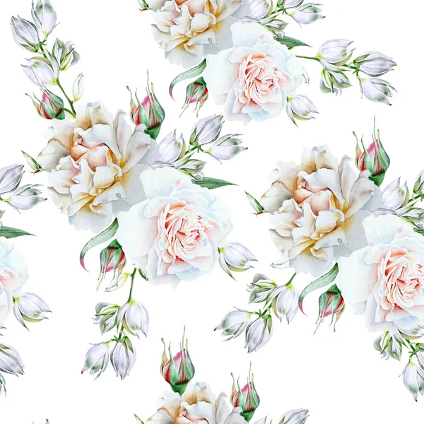 Bright Seamless Pattern Flowers Rose Yucca Watercolor Illustration Hand Drawn — Stock Photo, Image