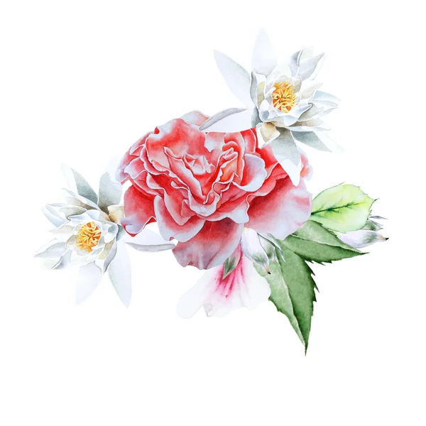 Buquê Aquarela Com Flores Ilustração Rose Lily Desenhado Mão — Fotografia de Stock