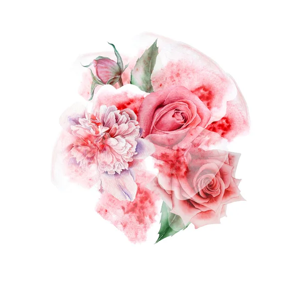 花と水彩花束 ローズ ペニー イラスト 手描き — ストック写真