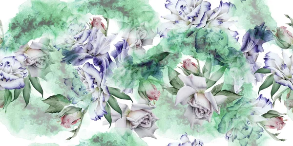 Bright Seamless Pattern Flowers Rose Eustoma Iris Watercolor Illustration Hand — Stock Photo, Image