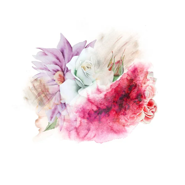 Buquê Aquarela Com Flores Rose Peony Ilustração Desenhado Mão — Fotografia de Stock