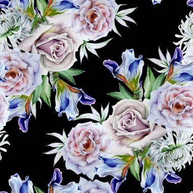 Çiçekli parlak, pürüzsüz bir desen. Gül. İris. Kasımpatı. Suluboya çizimi. El çizimi.